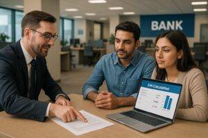 Bank manager explaining home loan EMI calculation to couple in bank office
