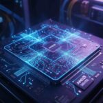 Close-up of AMD Instinct MI450 GPU chip with AI neural network overlay, illustrating advanced AI hardware technology powering next-gen AI infrastructure.