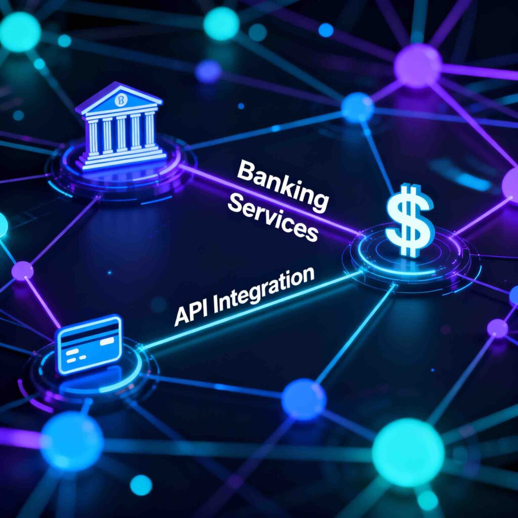 Futuristic digital network with banking icons and API connections