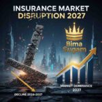 Bima Sugam logo triumphant over Policybazaar logo representing market dominance and insurance industry disruption by 2027
