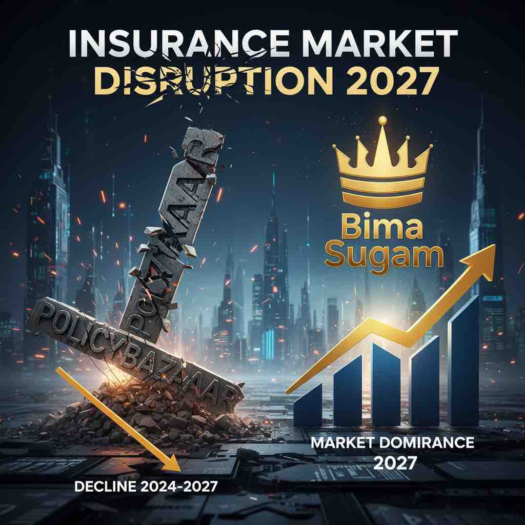 Bima Sugam logo triumphant over Policybazaar logo representing market dominance and insurance industry disruption by 2027