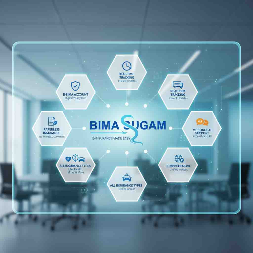 Bima Sugam features infographic showing e-Bima Account, claim tracking, paperless insurance, and multilingual support for life, health, and motor coverage