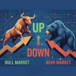 Illustration of a golden bull and a dark bear facing each other with green upward and red downward arrows