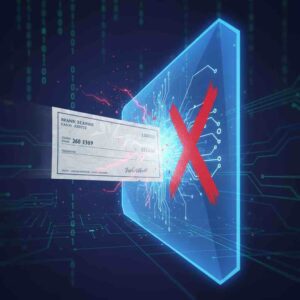 Cheque bouncing off digital barrier with red X stamp symbolizing continuous clearing system rejection and processing failure
