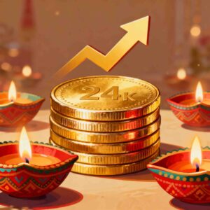 Dhanteras 2025 gold coins and jewelry against rising price chart