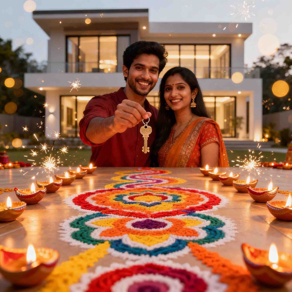 A smiling Indian couple holding house keys in front of a modern home, surrounded by Diwali diyas and colorful rangoli designs.