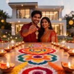 A smiling Indian couple holding house keys in front of a modern home, surrounded by Diwali diyas and colorful rangoli designs.