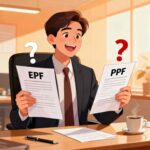 Young professional comparing EPF and PPF documents with question marks