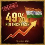 Graphic showing a 49% increase in foreign direct investment (FDI) in India with the Indian flag and an upward trending arrow.