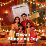 Happy family shopping during Diwali festival with glowing traditional lamps and overlay of loan document and credit card representing festive loan offers.