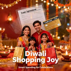 Happy family shopping during Diwali festival with glowing traditional lamps and overlay of loan document and credit card representing festive loan offers.