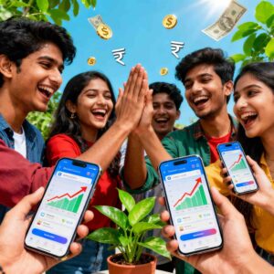 Young Indian Gen Z person using smartphone for digital payments with floating rupee symbols, investment charts, and UPI icons in vibrant purple and green
