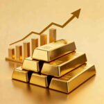 Stacked shiny gold bars in front of a rising financial graph showing gold price growth.