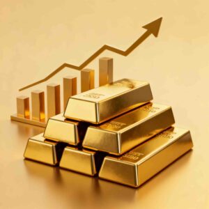 Stacked shiny gold bars in front of a rising financial graph showing gold price growth.