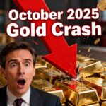 Red downward arrow crashing through gold bars with shocked investor face representing October 2025 gold price crash