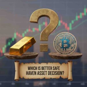 Question mark symbol with gold bar and Bitcoin coin representing which safe haven asset choice for investors