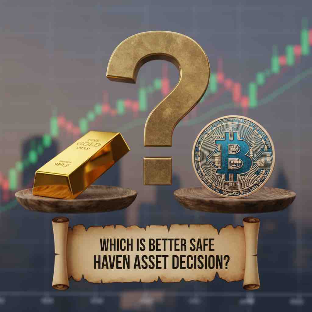 Question mark symbol with gold bar and Bitcoin coin representing which safe haven asset choice for investors