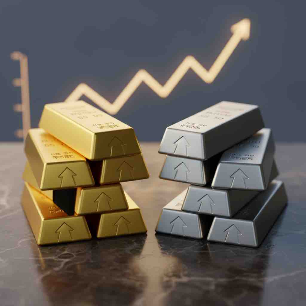Gold and silver bars side by side with green upward trend arrows representing investment growth.