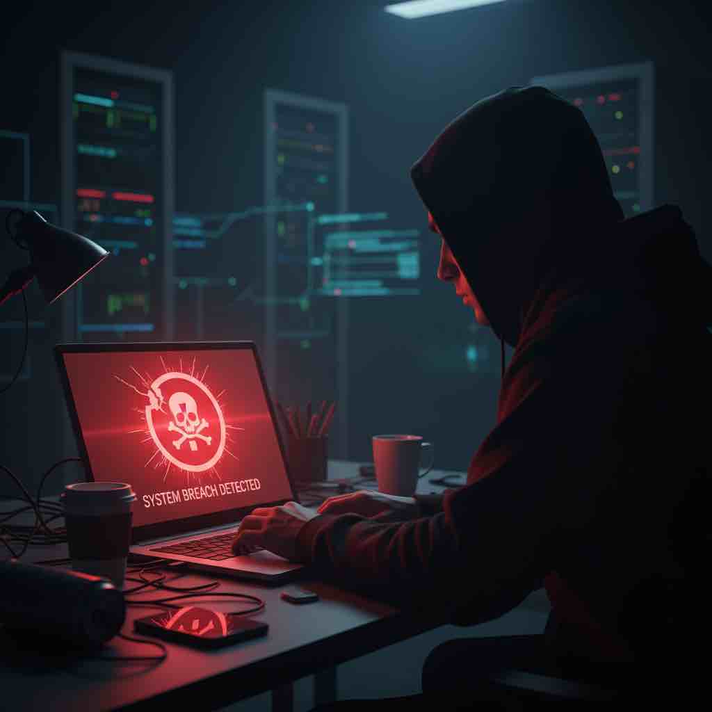 Silhouette of hacker behind laptop with prominent red warning alert on screen