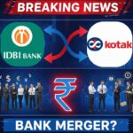 IDBI Bank and Kotak Mahindra Bank logos connected by merger arrows with breaking news banner, business professionals, bank building, rupee symbol, and question mark representing acquisition impact