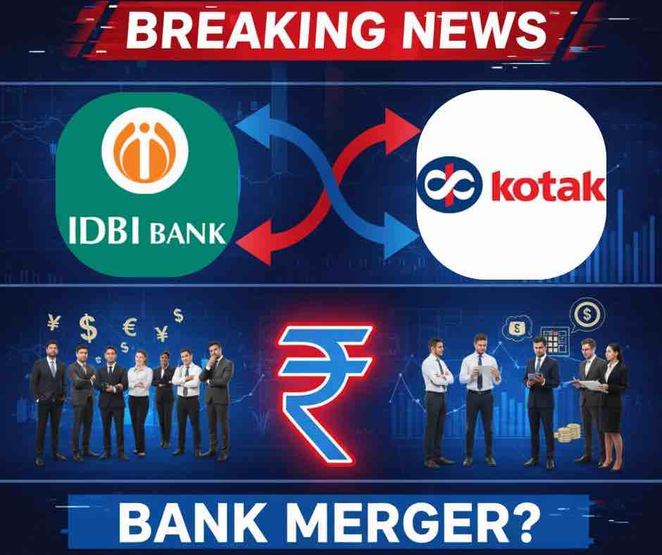 IDBI Bank and Kotak Mahindra Bank logos connected by merger arrows with breaking news banner, business professionals, bank building, rupee symbol, and question mark representing acquisition impact