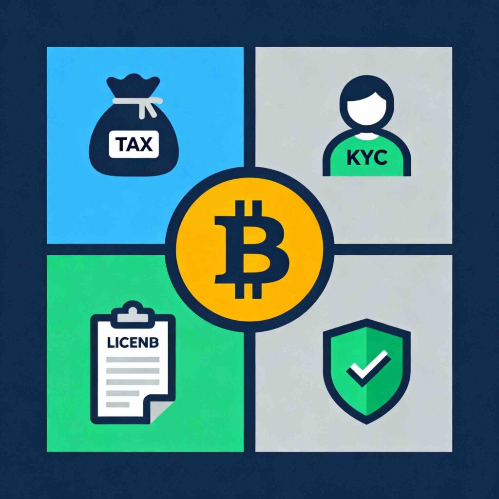 Infographic icons for tax, KYC, license, and shield circling a central Bitcoin symbol on white background.