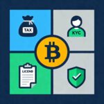 Infographic icons for tax, KYC, license, and shield circling a central Bitcoin symbol on white background.