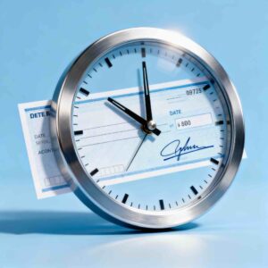 Clock merging with cheque icon symbolizing instant cheque settlement