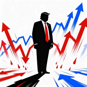 Donald Trump silhouette with green and red stock market arrows indicating market swings