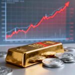 Gold bar and silver coins with rising stock market graph background