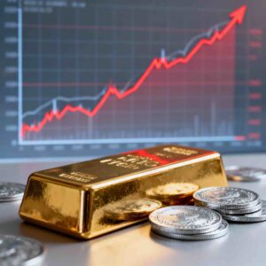 Gold bar and silver coins with rising stock market graph background