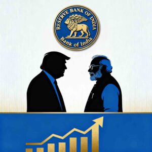 Silhouettes of Narendra Modi and Donald Trump facing each other beneath the Reserve Bank of India emblem, with a rising gold bar-chart graphic below them.