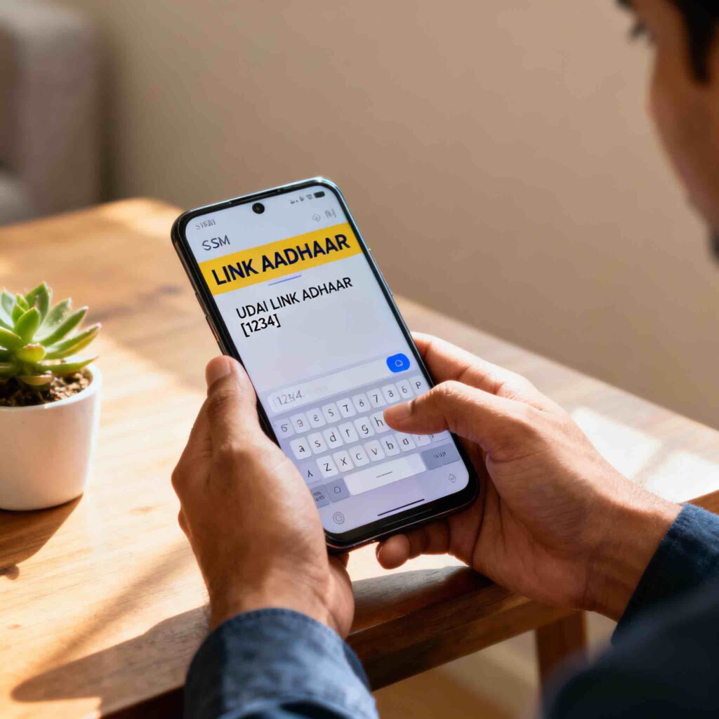 Mobile phone screen displaying an SMS drafted to link Aadhaar with bank account