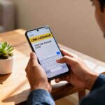 Mobile phone screen displaying an SMS drafted to link Aadhaar with bank account