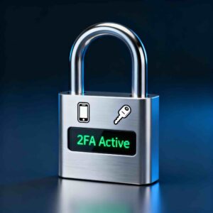 Digital padlock icon with smartphone and two-factor authentication symbols