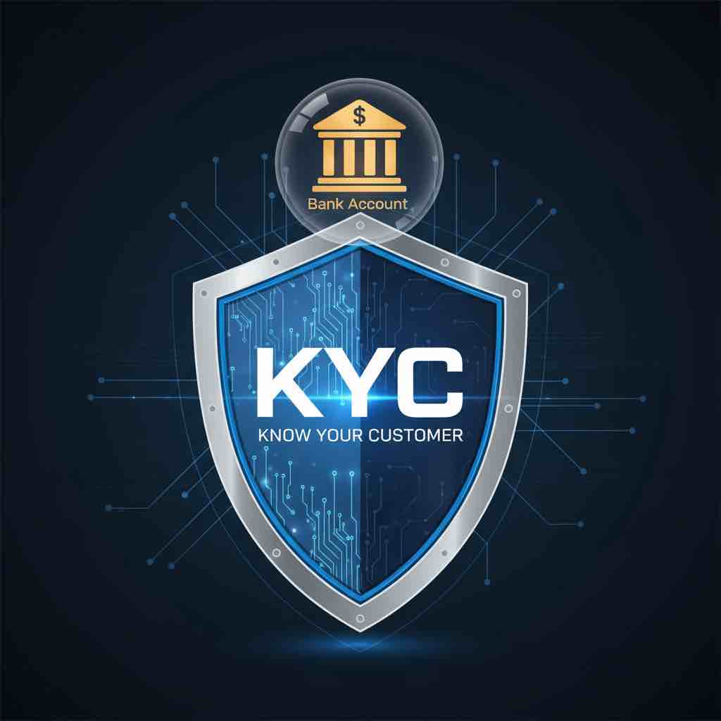 Graphic of a shield with a bank icon and the letters KYC indicating secure compliance