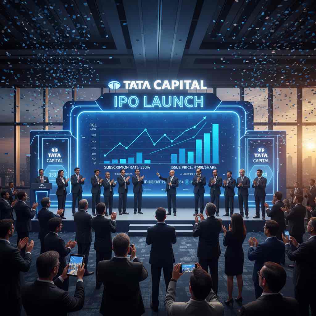 Tata Capital IPO launch event with executives on stage, digital charts, high subscription rate, and enthusiastic audience