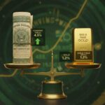 Balance scale comparing Treasury bond certificate and gold bar, illustrating yield opportunity cost in investment decisions.