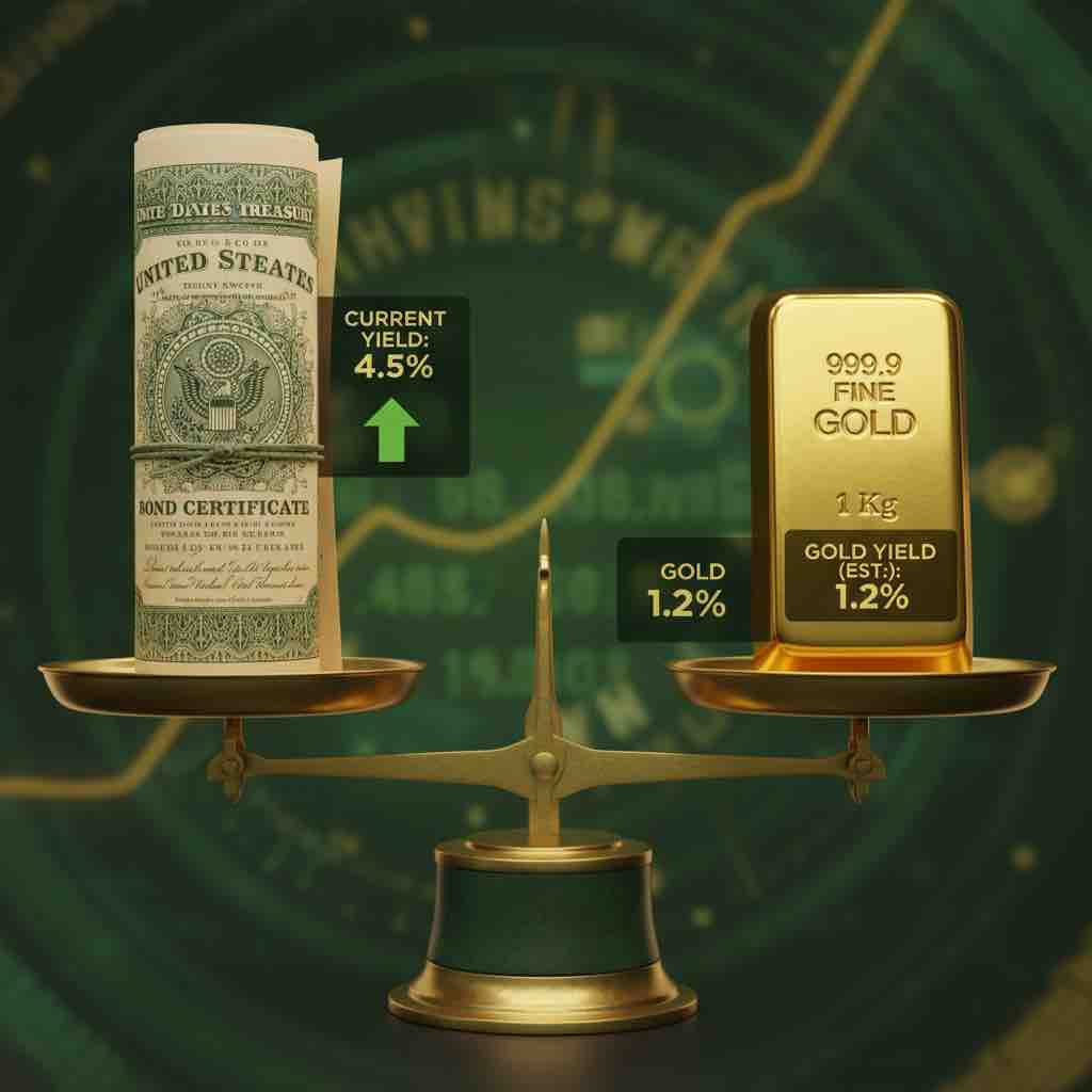 Balance scale comparing Treasury bond certificate and gold bar, illustrating yield opportunity cost in investment decisions.