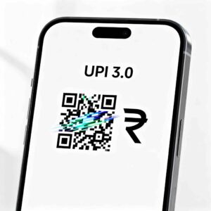 Smartphone displaying UPI 3.0 interface with dynamic QR code and Indian rupee symbol