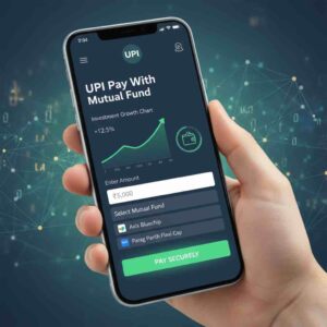 UPI Pay With Mutual Fund digital wallet interface showing investment growth chart and mobile payment integration with liquid mutual funds