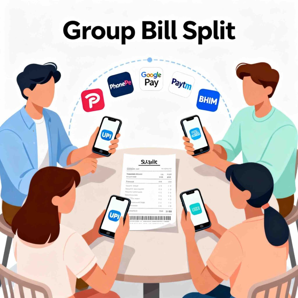 Group bill split illustration with UPI app payment icons on smartphone screens