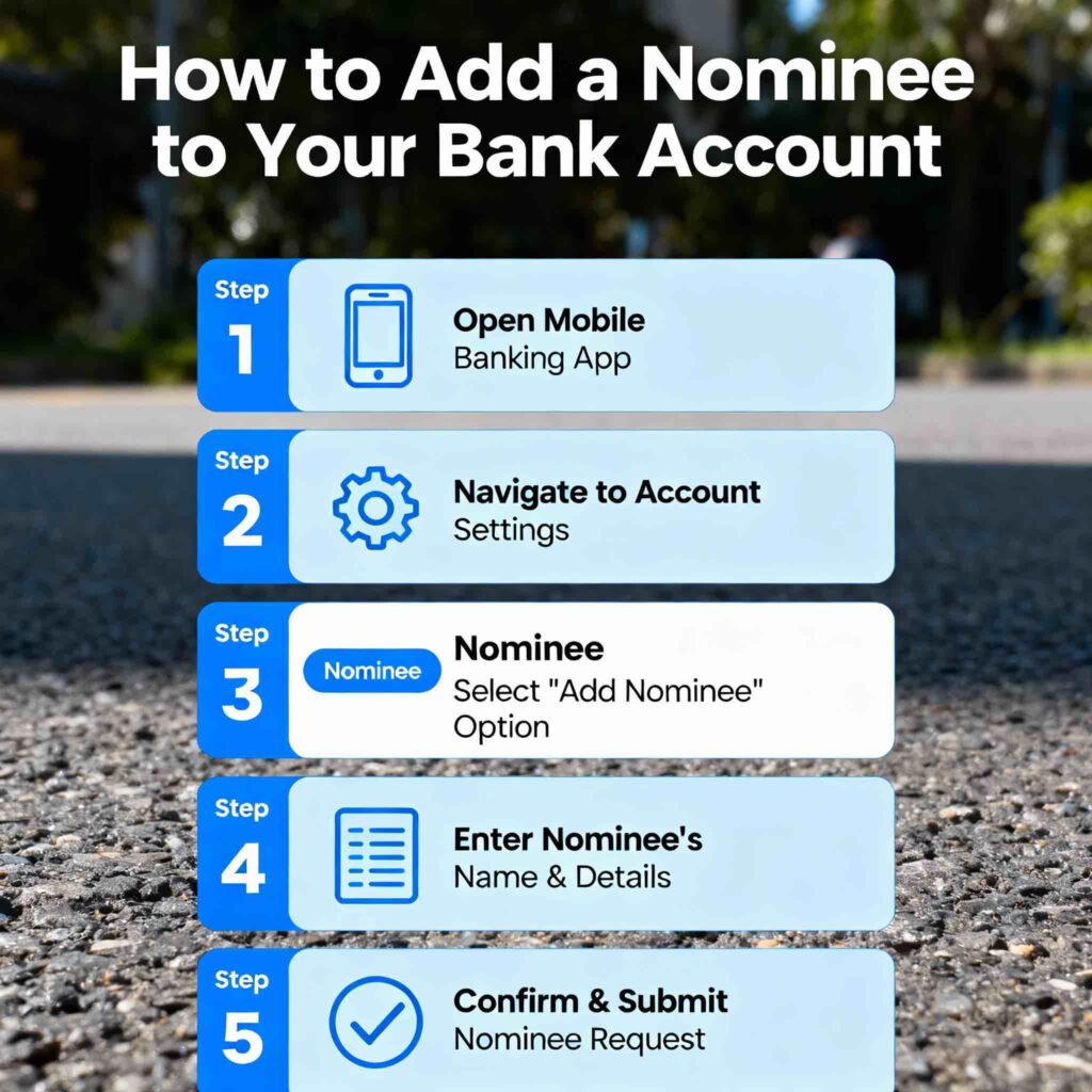 Step-by-step visual guide showing how to add nominee in bank account through mobile banking app with three simple steps on smartphone screen