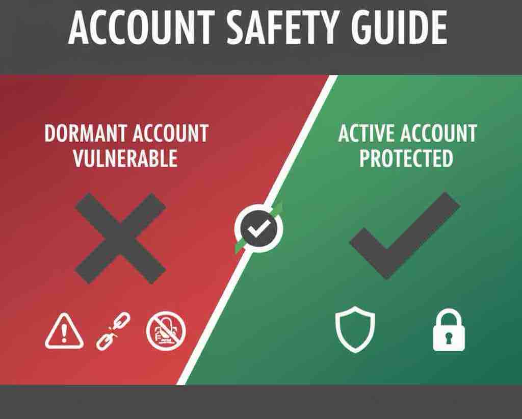 Dormant vs Active Bank Account: Split screen showing vulnerable dormant account on left with red X mark and protected active account on right with green checkmark, illustrating account safety comparison