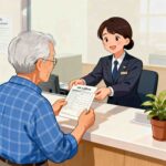 Senior citizen submitting life certificate at bank branch with teller