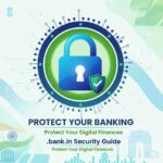 A modern, secure padlock icon in green and blue, accompanied by a shield with a checkmark, against a digital security background. The text reads ".bank.in Security Guide" and "Protect Your Banking," with subtle Indian flag and bank building silhouettes.