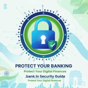 A modern, secure padlock icon in green and blue, accompanied by a shield with a checkmark, against a digital security background. The text reads ".bank.in Security Guide" and "Protect Your Banking," with subtle Indian flag and bank building silhouettes.