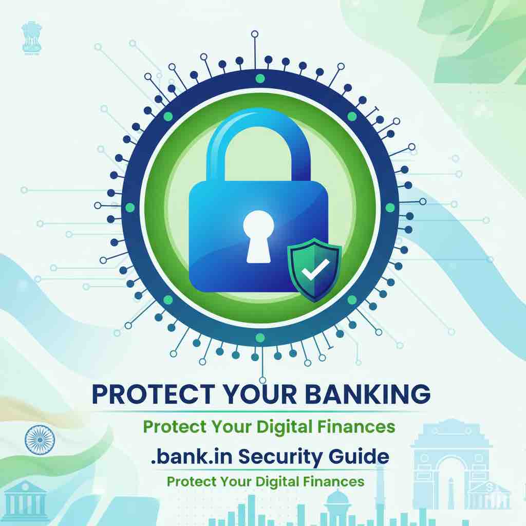 A modern, secure padlock icon in green and blue, accompanied by a shield with a checkmark, against a digital security background. The text reads ".bank.in Security Guide" and "Protect Your Banking," with subtle Indian flag and bank building silhouettes.