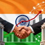 Illustration of two banks shaking hands with upward growth chart, interconnected network nodes, and Indian flag colors representing PSU bank consolidation and economic transformation.