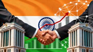 Illustration of two banks shaking hands with upward growth chart, interconnected network nodes, and Indian flag colors representing PSU bank consolidation and economic transformation.